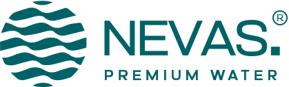 Nevas Premium Water logo with wavy design elements.